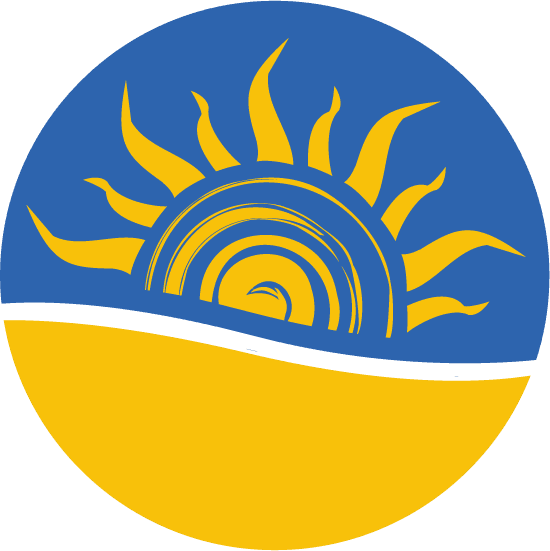 Looking Upwards icon - a circular logo featuring a stylized yellow sun with rays extending outward against a blue background. The lower half of the circle is filled with yellow, representing the horizon or ground, with a black wave-like line separating the two halves. The design is simple and vibrant, evoking a sense of warmth and positivity.