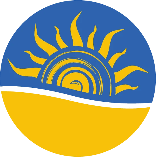 Looking Upwards icon - a circular logo featuring a stylized yellow sun with rays extending outward against a blue background. The lower half of the circle is filled with yellow, representing the horizon or ground, with a black wave-like line separating the two halves. The design is simple and vibrant, evoking a sense of warmth and positivity.