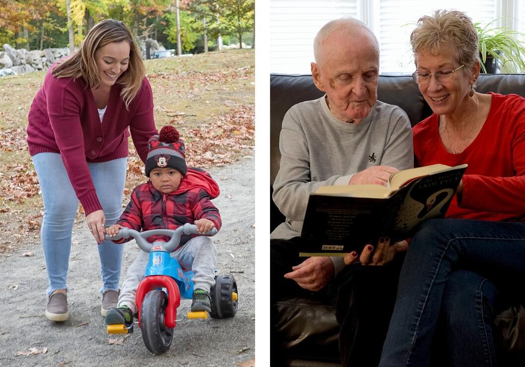 A two-part image featuring moments of care and connection. On the left, a woman in a red sweater smiles as she helps a young child on a tricycle outdoors, surrounded by autumn leaves. On the right, an elderly man and a woman sit together on a couch, sharing a moment as the woman reads aloud from a book, bringing joy and companionship.